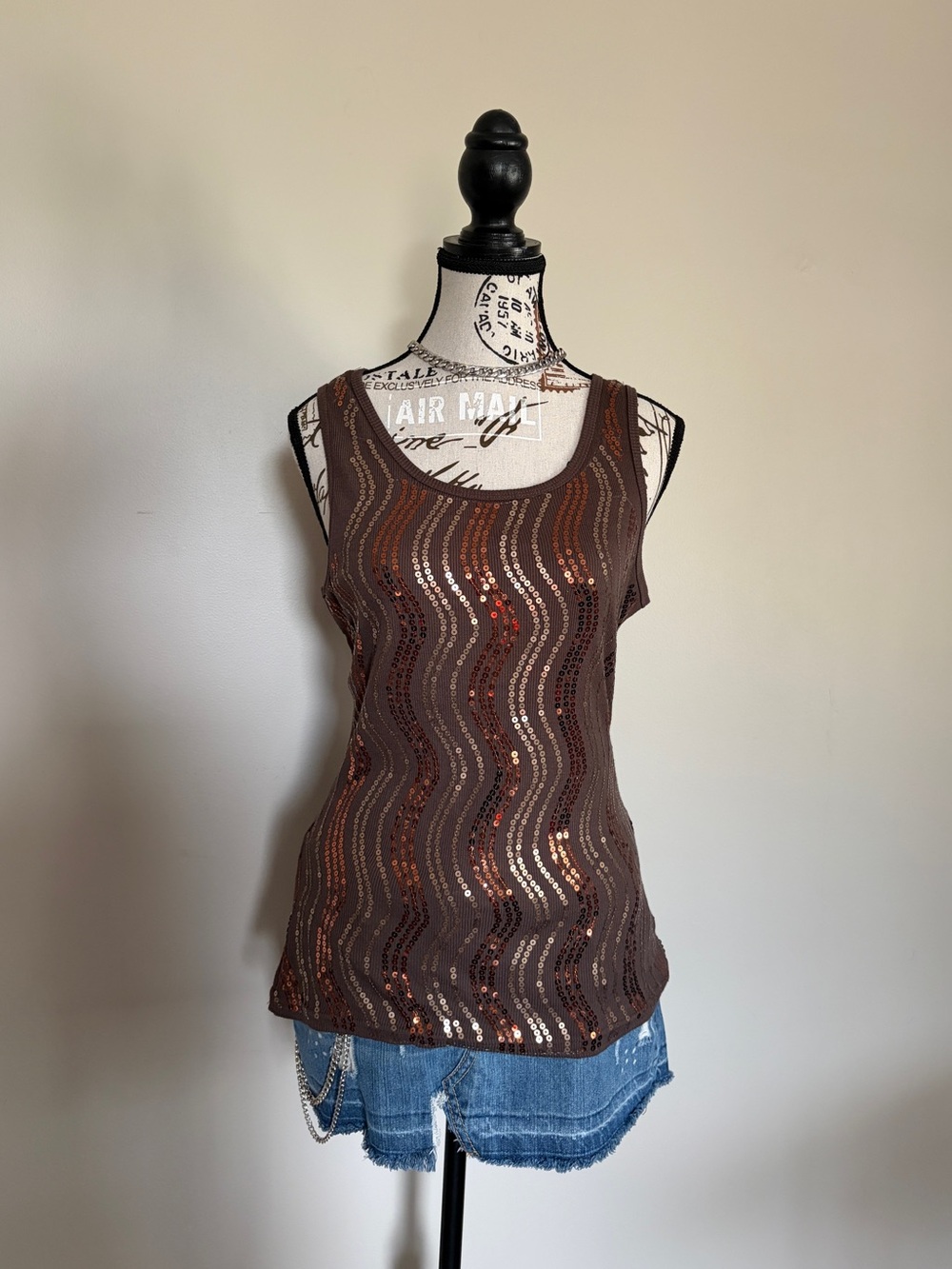 Y2K Brown Sequin Going Out Tank Top Bronze Gold Sparkle Ribbed Scoop Neck